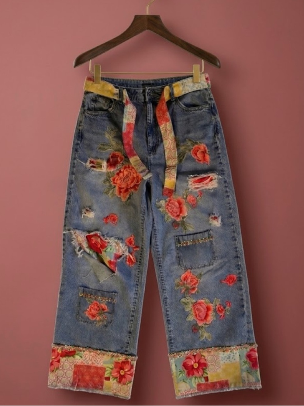 Floral Distressed Embroidered Women's super Wide Leg Jeans OOAK Couture